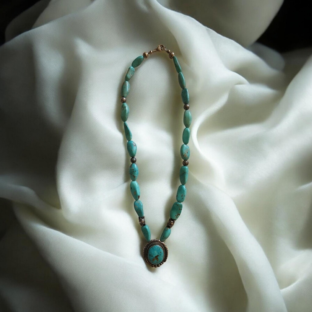 Native American Navajo Turquoise Pendant Southwestern Necklace Sterling Silver - Picture 2 of 5